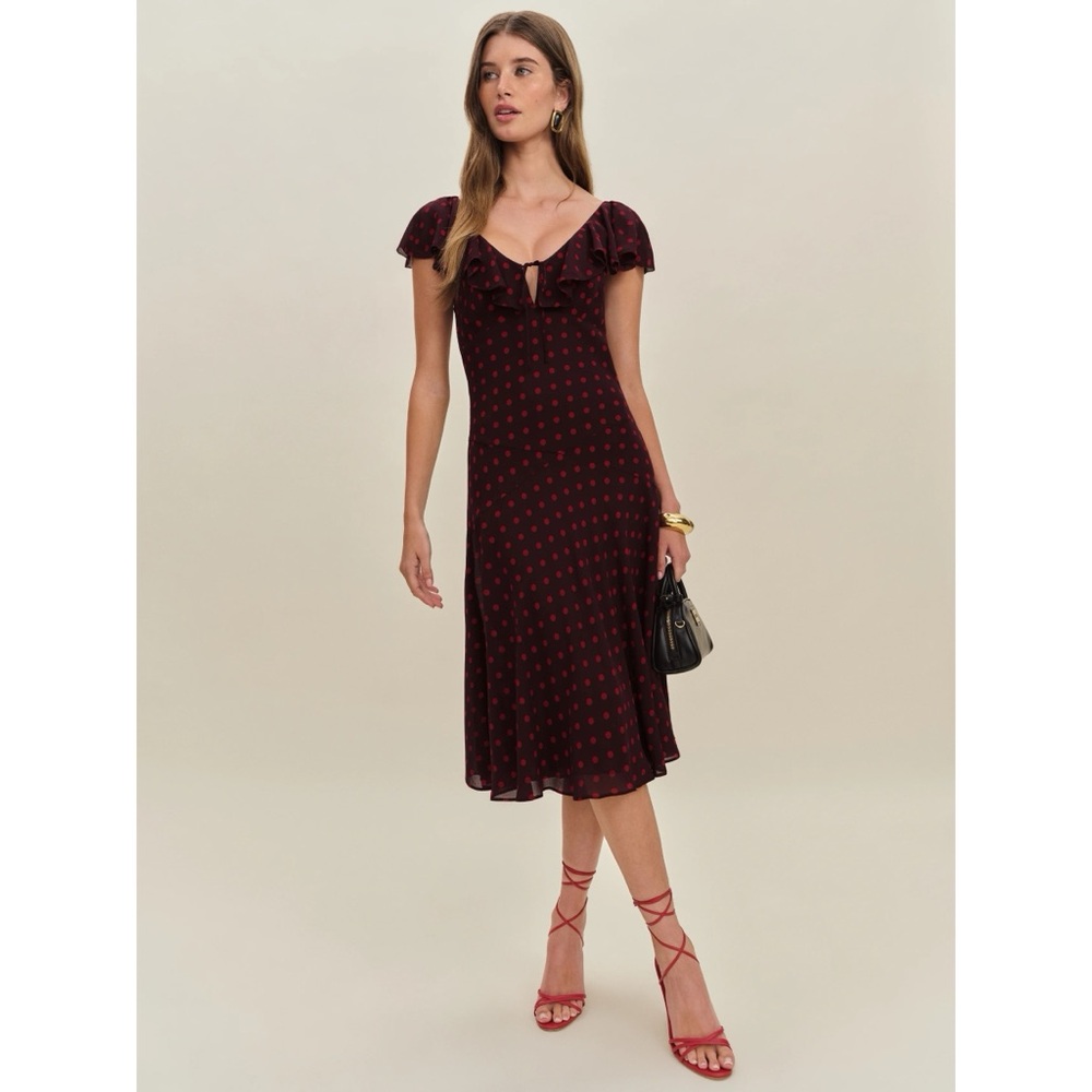 Reformation Burgundy Midi Dress with Red Dot Accent